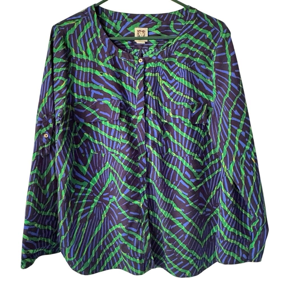 Anne Klein Women’s L Flowy Abstract Print Blouse Button Up Roll Tab Sleeves EUC